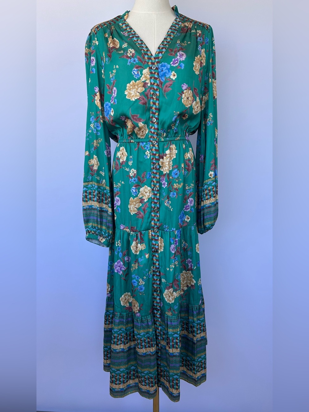 Current Air Anthropologie Women’s Green Floral Tiered Maxi Dress Size XL